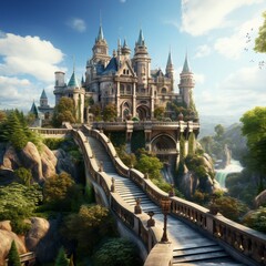 A majestic stone castle sits atop a hill, overlooking a lush valley with a cascading waterfall. The castle is surrounded by trees and flowers, creating a fairytale setting.