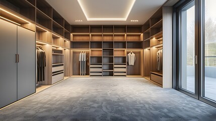 Modern wardrobe, large space with gray and white color scheme, floor to ceiling cabinets on the left side of the closet, carpeted flooring in light grey tones, large windows for natural lighting.
