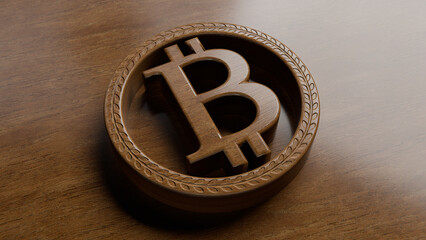 3D rendering - Wooden elegant Bitcoin classic symbol on mid polished wood background