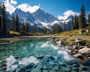 A serene mountain lake reflects the clouds and snow-capped peaks in a stunning natural landscape.