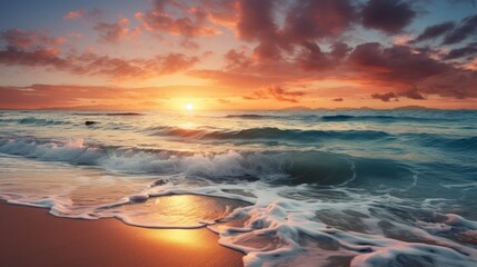 A serene sunset over a calm ocean, with waves gently crashing on the sandy shore. The sky is ablaze with vibrant colors, creating a picturesque scene.