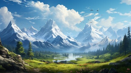 A serene mountain landscape with snow-capped peaks, a tranquil lake, and a lush green valley. Birds fly overhead against a blue sky with white clouds. - Powered by Adobe
