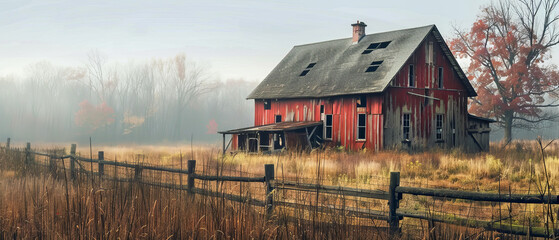 A red farmhouse sits in a field of tall grass