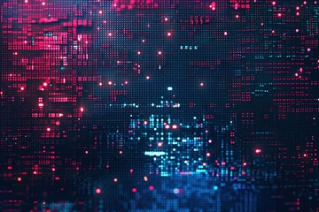 A high-resolution digital backdrop showcasing flowing red and blue lights with a bokeh effect, resembling a futuristic space visualization composed of pixelated data streams.