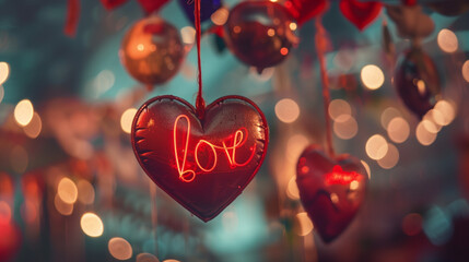 A Christmas tree decoration ornament of a heart with the words love in it