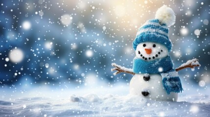 Fototapeta premium Festive winter holiday banner cheerful snowman in hat and scarf on snowy background