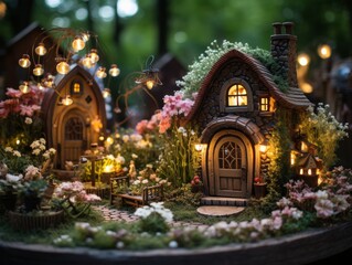 Enchanted miniature village with glowing windows, nestled in a lush green forest.