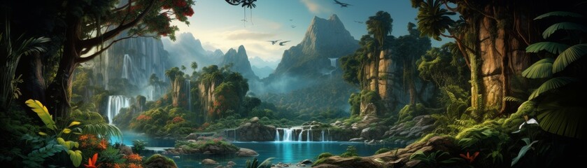 Mystical forest landscape with waterfalls and a misty mountain range.