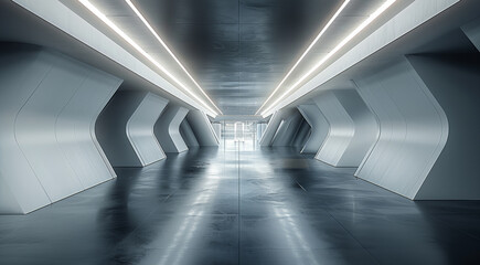 Inside a gray wall structure, with light sources at the top, the background exhibits geometric symmetry. Generative AI.
