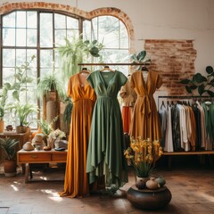 Three flowy dresses on mannequins in a rustic, sunlit boutique.  A window with lush plants provides a backdrop.