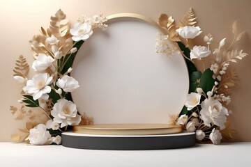 Podium with Flowers for Advertising Products, white and golden background, Floral Frame, Mockup, 3D rendering with copy space