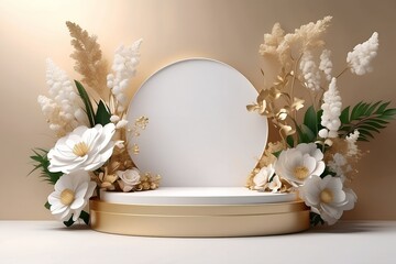 Podium with Flowers for Advertising Products, white and golden background, Floral Frame, Mockup, 3D rendering with copy space