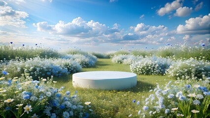 Podium with Field's Flowers for Advertising Products, floral background, Mockup, 3D rendering with copy space