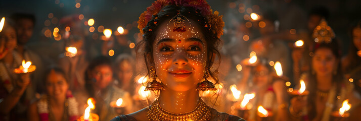 Obraz premium A dusk scene of friends and family celebrating Diwali with fireworks, creating a lively and joyous atmosphere