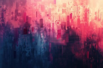 technology and innovation in a digital background. Flowing red and blue lights with bokeh create a futuristic scene filled with pixelated data streams