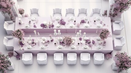 Elegant wedding table setting with white chairs, lavender flowers, and delicate decor, perfect for a sophisticated reception ambiance.