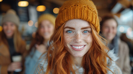 Obraz premium A vibrant woman with fiery red hair dons a whimsical yellow hat, exuding a sense of creativity and individuality