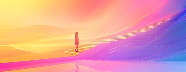 A person standing at the top of stairs, looking out into an endless expanse; a colorful gradient background with soft waves and flowing forms; vibrant and surreal digital art in the style of fantasy a