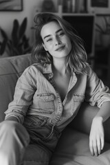 Obraz premium A woman is sitting on a couch with her hands on her lap. She is wearing a denim shirt and jeans