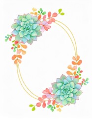 Oval frame with Succulent arrangement ,wedding invitation card element decoration,white isolated background,water color