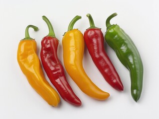 A bunch of peppers are displayed in a row, with some being green, some red, and some yellow - Powered by Adobe