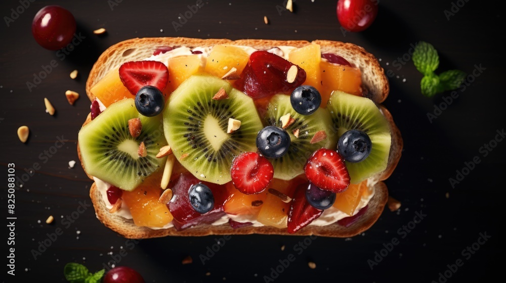 Wall mural a slice of bread with a variety of fruits on top, including kiwi, strawberries, and blueberries - Wall murals