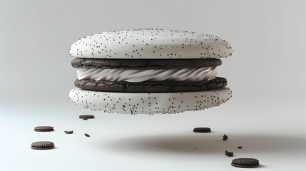 A chocolate sandwich cookie with cream filling floating in mid-air, surrounded by crumbs against a plain background.