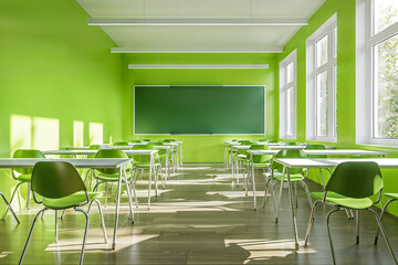 Classroom with green walls and chairs. Generative AI