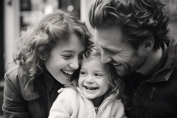 A family of three, a man, a woman and a child, are smiling and hugging each other