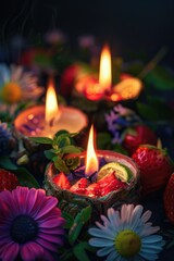 A table is covered with candles, strawberries, and flowers. The candles are lit and the table is decorated with a variety of fruits and flowers. Scene is warm and inviting