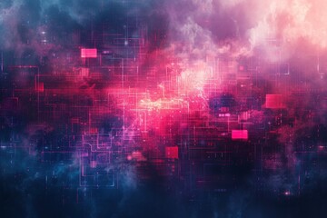 Obraz premium Red and blue lights dance across a high-resolution background, blurring into a bokeh effect. Pixelated data streams flow and weave, forming a futuristic vision of technology and innovation.