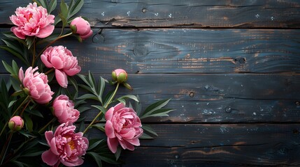 Pink peonies on dark wooden background, top view with copy space.
