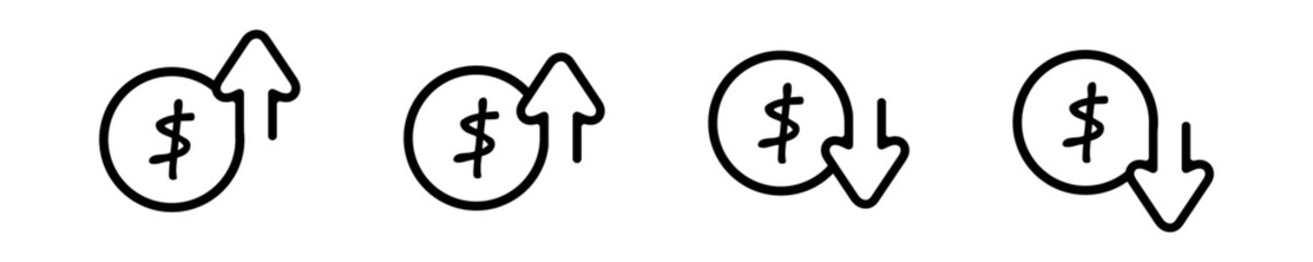 Simple symbol money. Modern sign dolar increase. Money growth with arrow icons. Set line icon dollars in vector design style