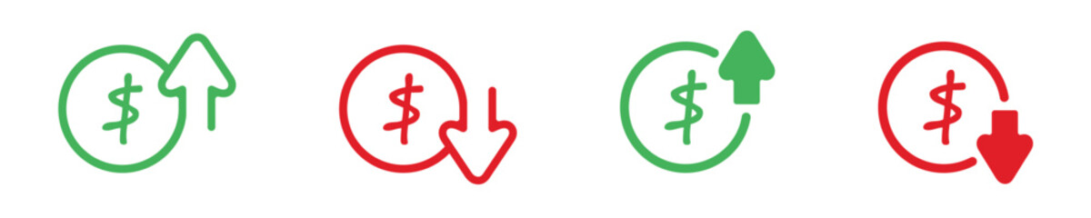 Simple symbols money increase are depicted with arrow icon. Set includes signs dollars. Graphic both the increase and decrease dollar in vector style
