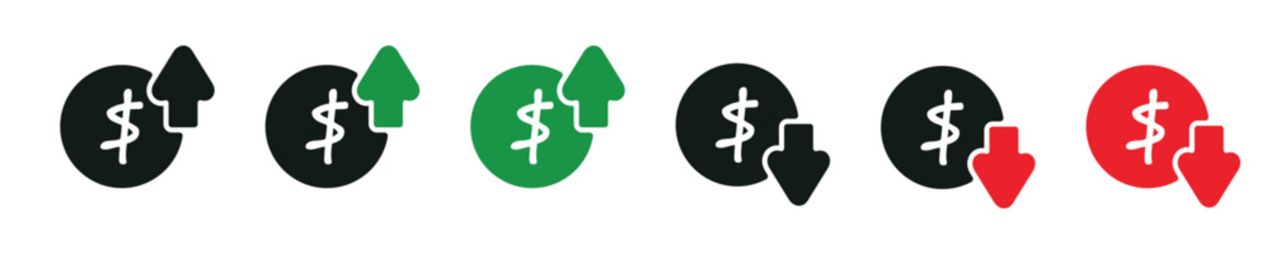 Modern set black and green sign money. Simple icon growth cost. Isolated graphic illustration increase and decrease dollars. Profit dollar icons in vector design