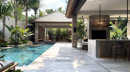 Fototapeta premium The entrance to an open kitchen with a bar counter. Next door is a pool and garden area. In front there is a gazebo overlooking the swimming pool. Generative AI.