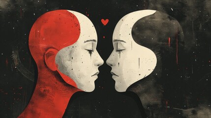 A minimalist abstract illustration conveying the emotional struggle between love and hate, using a monochromatic color scheme and simple shapes. The design should highlight the contrast between