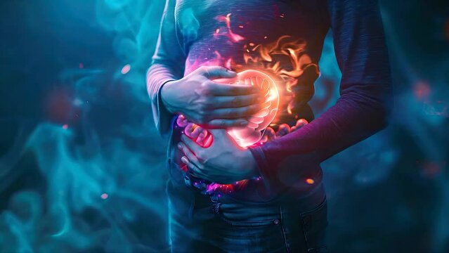 Gastric Grief: The Abdominal Cramps and Bloating - Imagine a person holding their stomach, with bloating indicated by a puffy stomach, and cramp lines showing abdominal pain, illustrating the abdomina