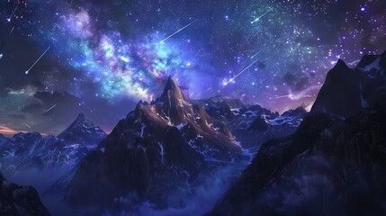 A dreamlike mountain range with peaks that glow in various colors under a night sky filled with shooting stars - Powered by Adobe
