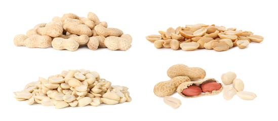 Many fresh peanuts on white background, set