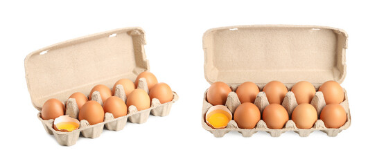 Brown chicken eggs in egg carton isolated on white, set