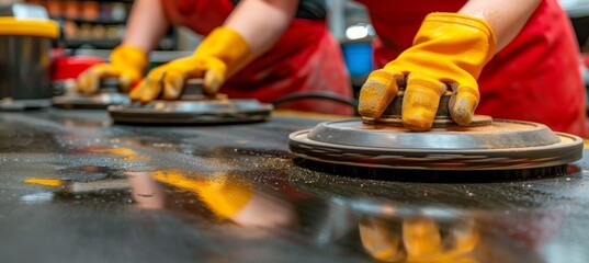 Detailed view of cutting edge floor buffer machine working on polishing the floor surface