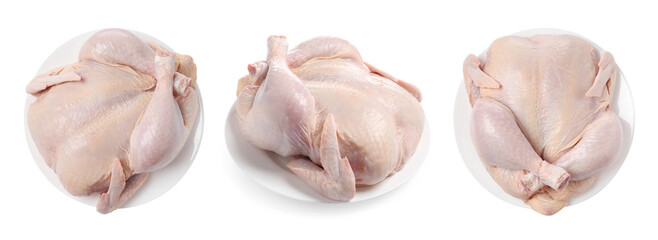 Set of whole raw chicken isolated on white, top and side views