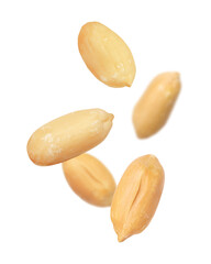 Many peanuts in air on white background