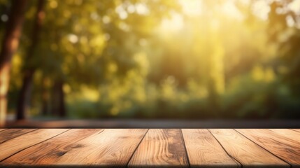 A wooden table surface with a natural and blurred backdrop, Empty wooden table background, product display montage,Background with empty bokeh wooden table. For designers and advertising banner