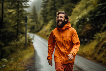 Joyful man with long hair and beard running down a mountain road, wearing an orange jacket, surrounded by stunning alpine scenery and a sense of freedom