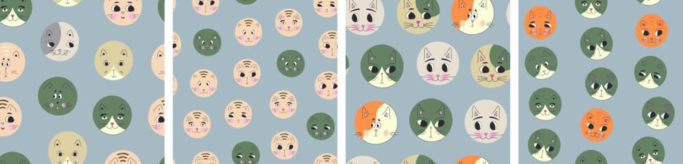 Fototapeta premium Set of four patterns, black eyes cats. Repeating texture, cat face, continuous design with creative shapes.