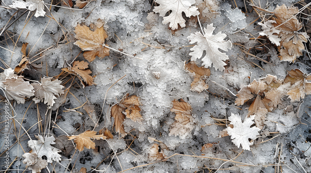 Poster Forest floor in winter, background texture. top view. Generative AI.