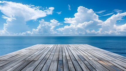 Wooden floor, blue sky and white clouds, sea background, blue ocean, perspective view of the wooden platform at one end of an open space on water, panoramic sea horizon.
