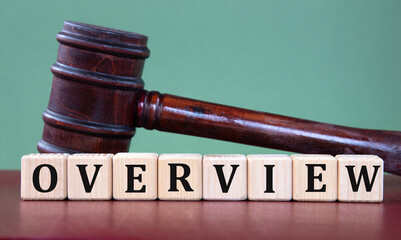 OVERVIEW - word on wooden cubes on background of judge's gavel
